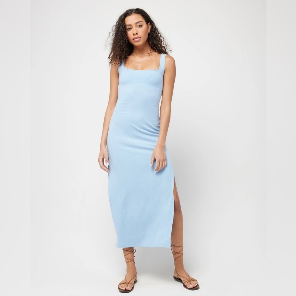 LSpace Blue Ribbed Mara Sleeveless Square Neckline Maxi Shelf Bra Dress small